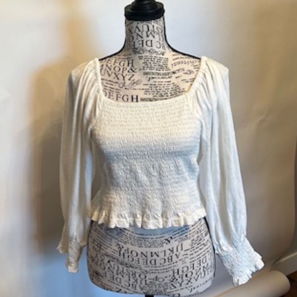 Smocked Crop Top Peasant Sleeve Blouse, Anthropology
